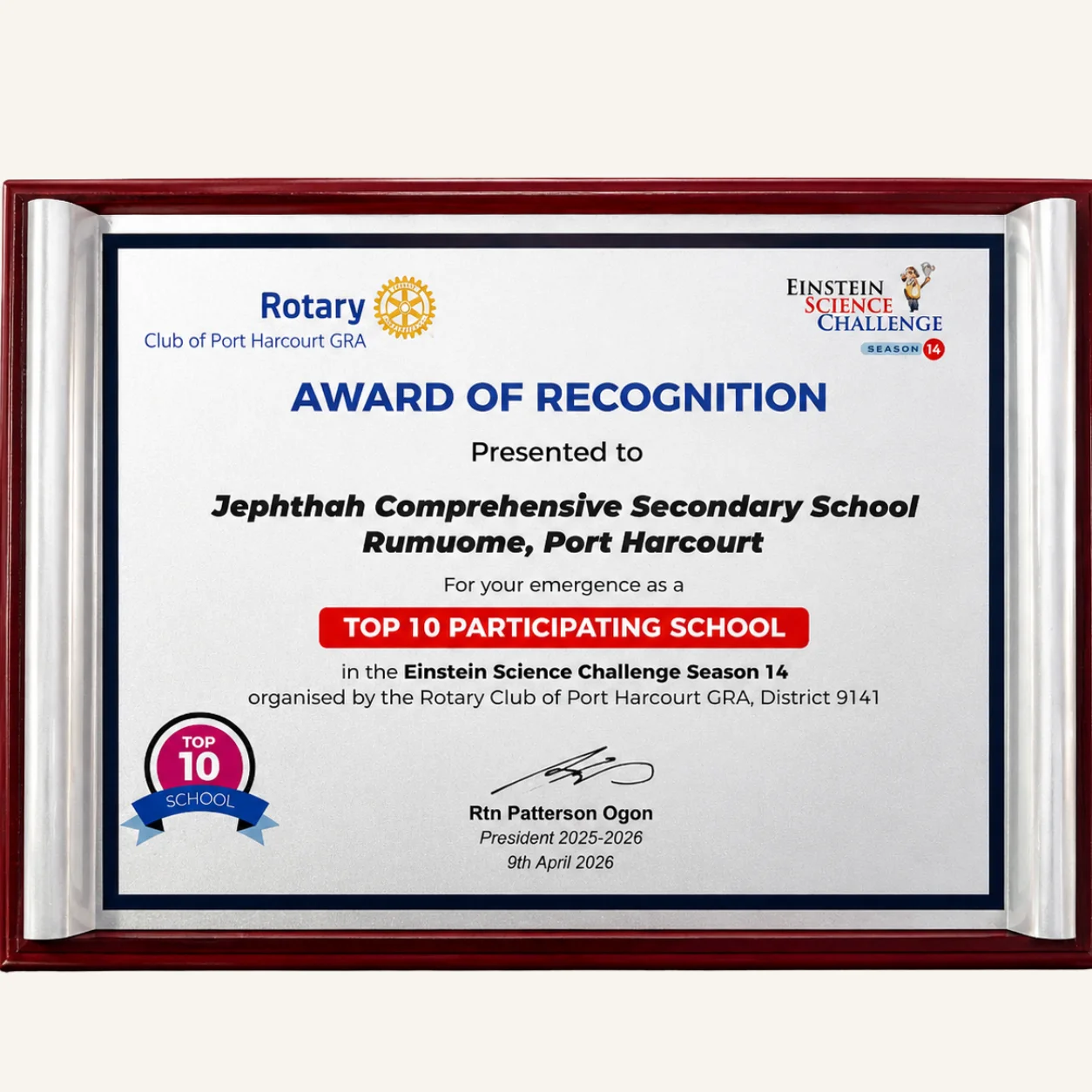 Jephthah Einstein Challenge top 10 school recognition