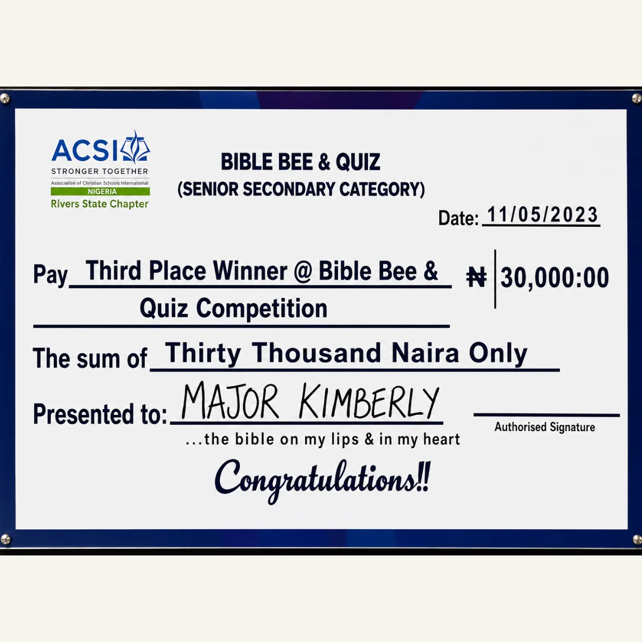 Jephthah Bible Bee Quiz Third Place Award Prize